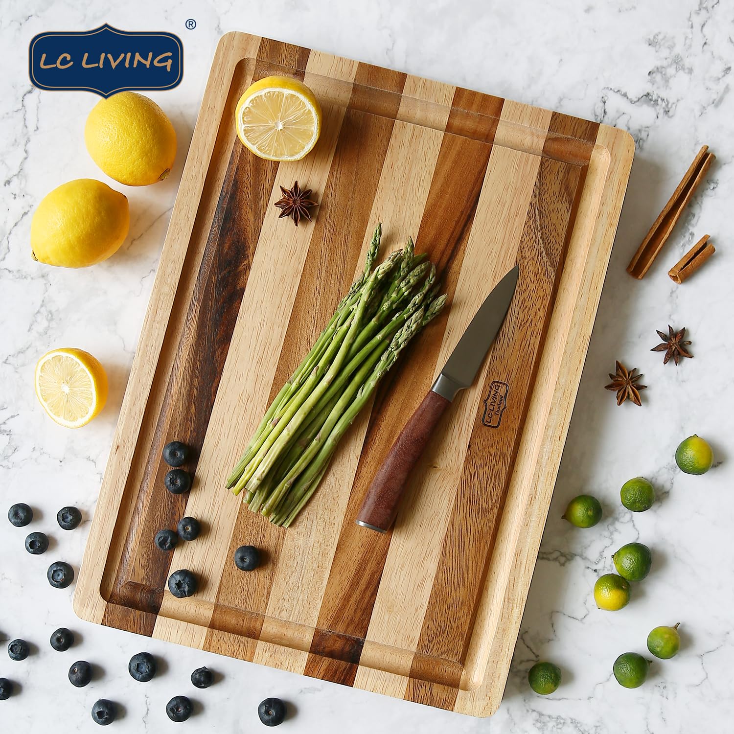 Thai End Grain Acacia Wood Striped Rectangular Butcher Board with Groove, best for chopping serving butcher board, prep station, kitchen deco, cheese, meat, bread, veggies & fruits, 19"x14"