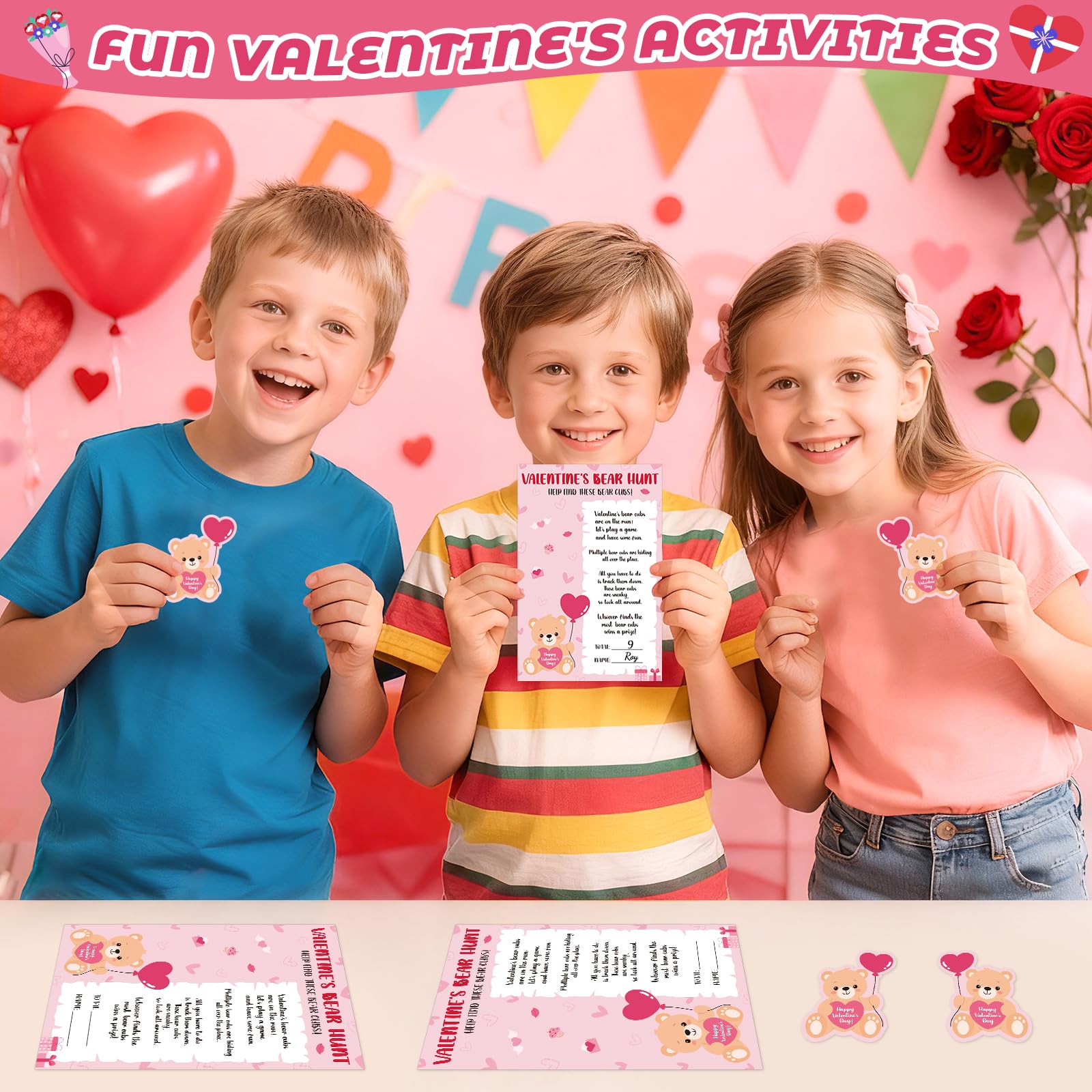 COCHIE Valentine's Day Games for Classroom Party Family Adults Office Large Groups, Valentines Bear Bub Hunt Game School Activities with 50 Paper Bears - 25 Players (Bear Hunt)