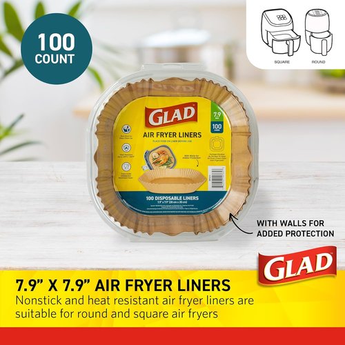 Glad Air Fryer Liners - Nonstick, Heat Resistant, Food Grade Material - 7.9" | 100 Count for Square & Round Fryers