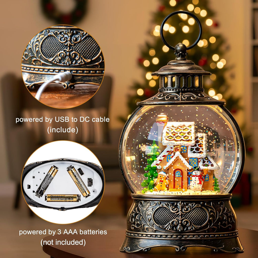 Regine Switzerland Christmas Snow Globe - Gingerbread Man & Snowman Water Lantern with Music & Timer | USB/Battery Operated Holiday Decor
