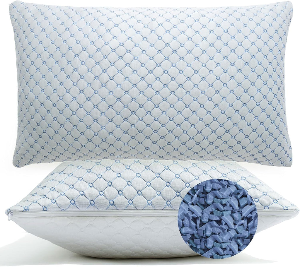 Skiennix Cooling Bed Pillows - Adjustable Shredded Memory Foam for Neck Support | Queen Size 2-Pack