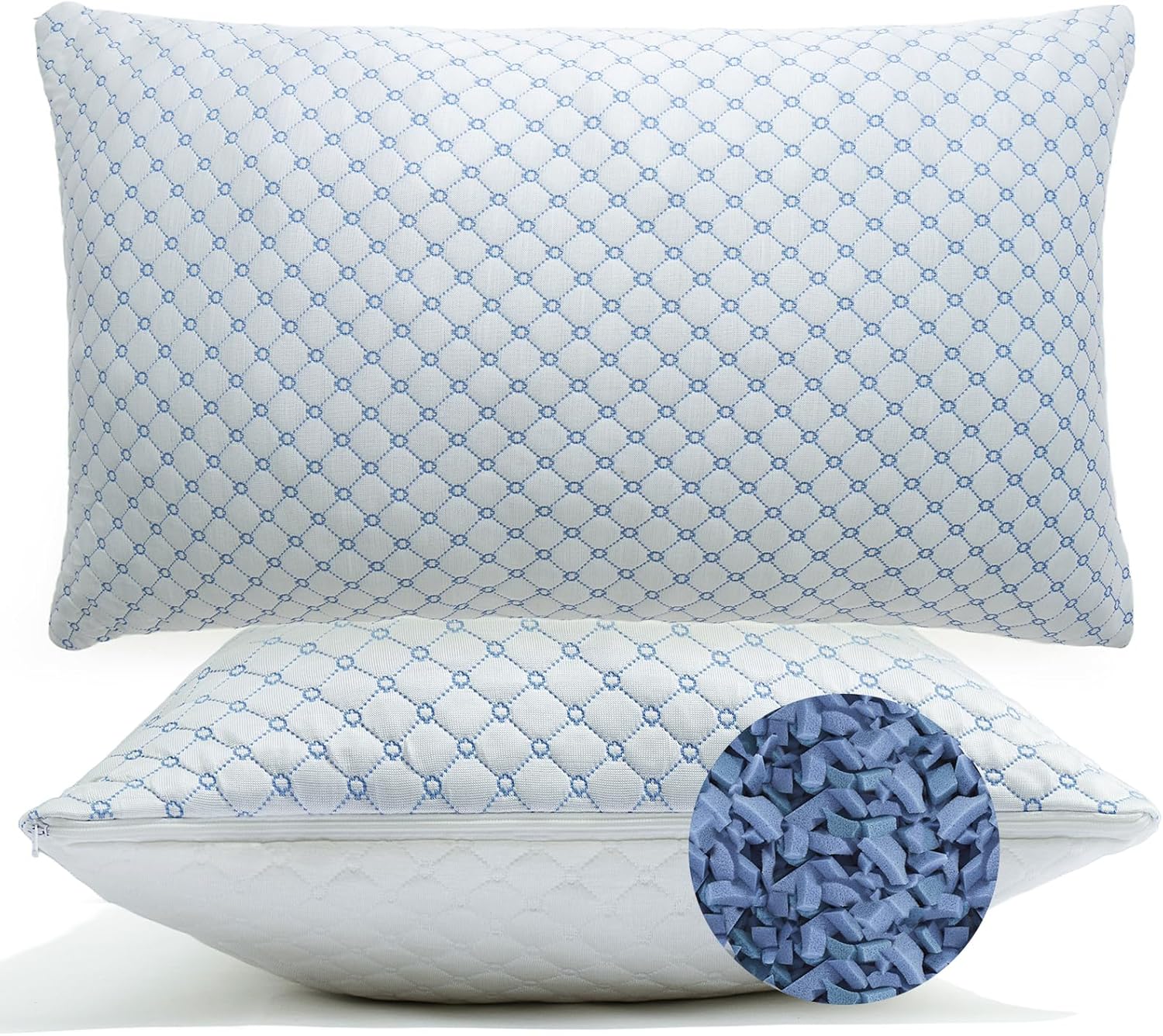 Skiennix Cooling Bed Pillows - Adjustable Shredded Memory Foam for Neck Support | Queen Size 2-Pack