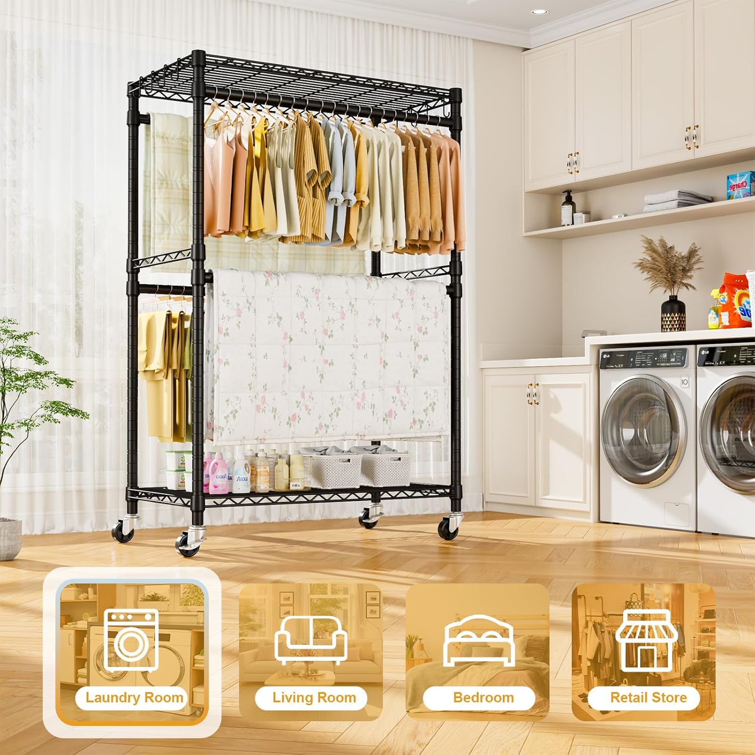 ULIFHOME Heavy Duty Rolling Clothes Rack - Portable Free Standing Garment Rack with Wheels, Black 45"W × 20.5"D × 80.5"H, Max Load 570 lbs