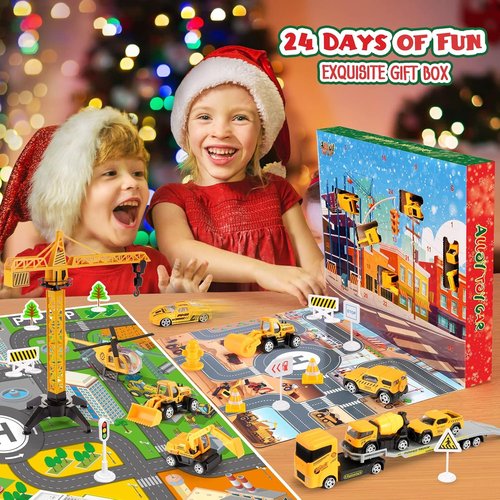 Advent Calendar - Alloy Construction Engineering Vehicle Toy Set with 2 Mats | Perfect Christmas Gift for Boys Ages 3-8 (Yellow)