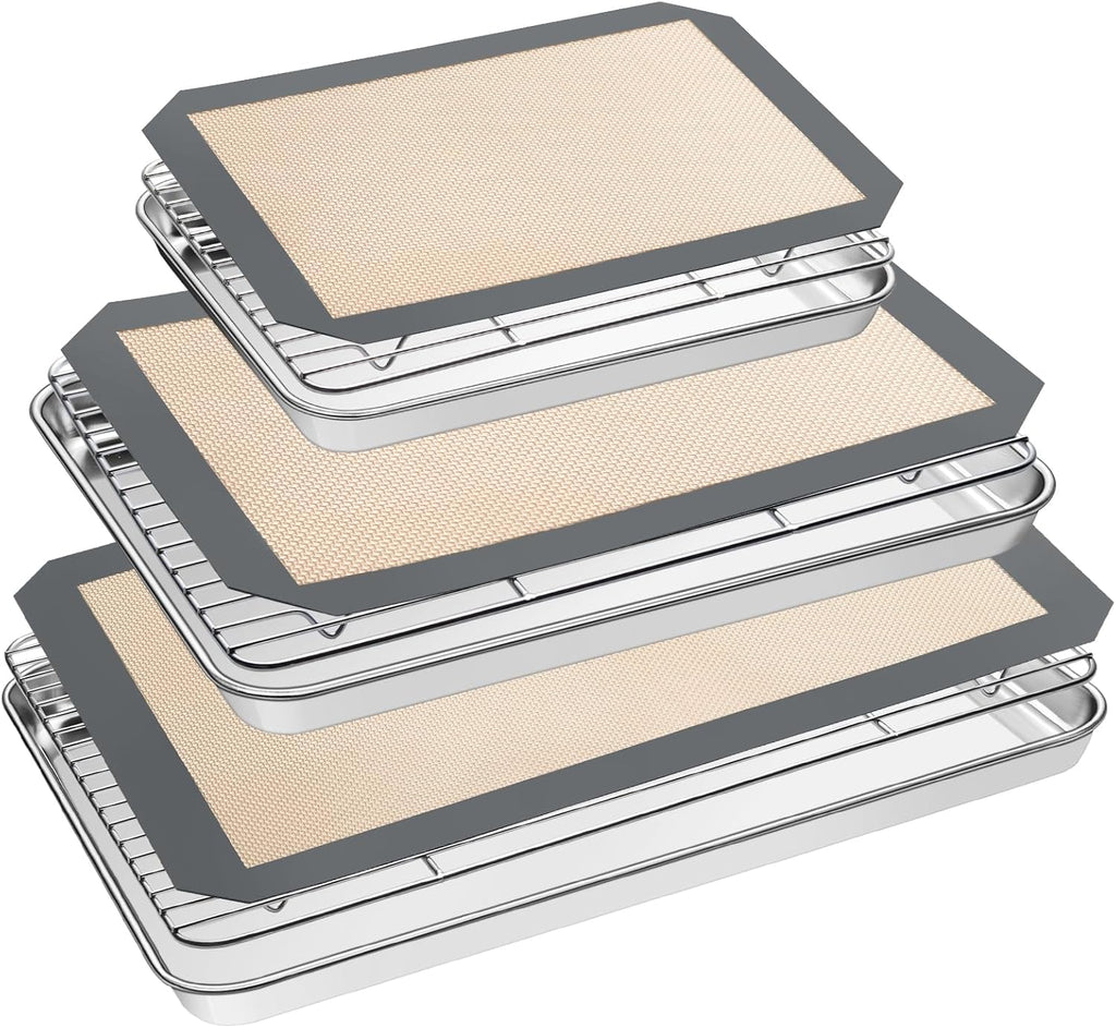 Stainless Steel Baking Sheet Set by [Brand Name] - Heavy Duty Cookie Pans with Cooling Racks & Silicone Mats - Set of 9