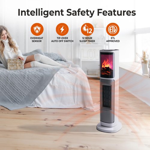 Comfort Zone 25-Inch Oscillating Tower Space Heater with 3D Flame Effect – 1500W Ceramic Electric Fireplace Heater, Digital Thermostat, 8H Timer, Remote Control & Advanced Safety Protection – Black