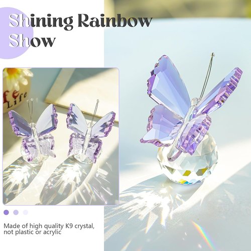 Kanpura Crystal Butterfly Figurines - 2 Pcs Glass Statues with Ball Base for Home Christmas Decor | Purple