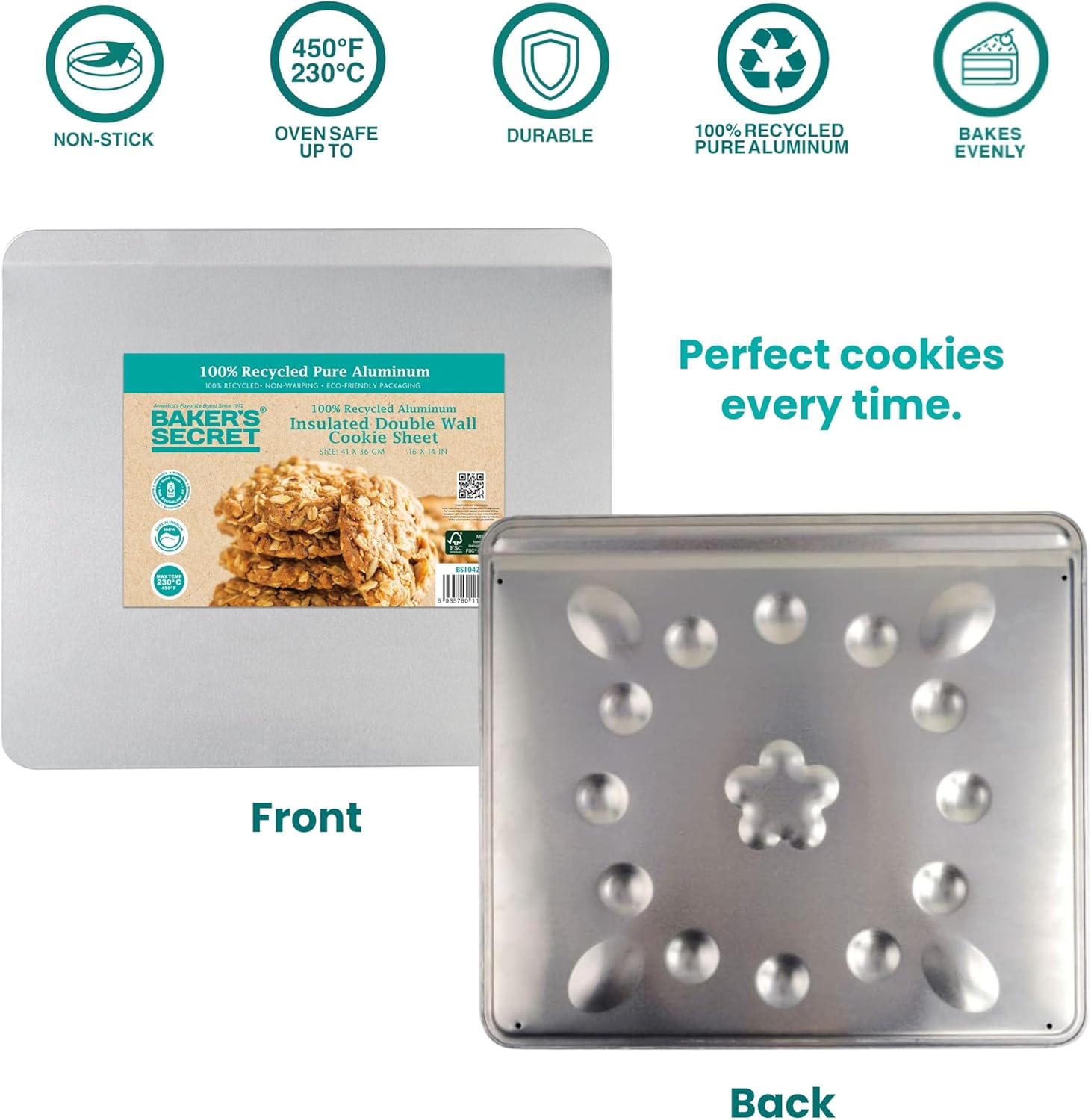 Baker's Secret Cookie Sheet Set - 2pcs Pure Aluminum Insulated Baking Trays | Commercial Grade, Extra Thick