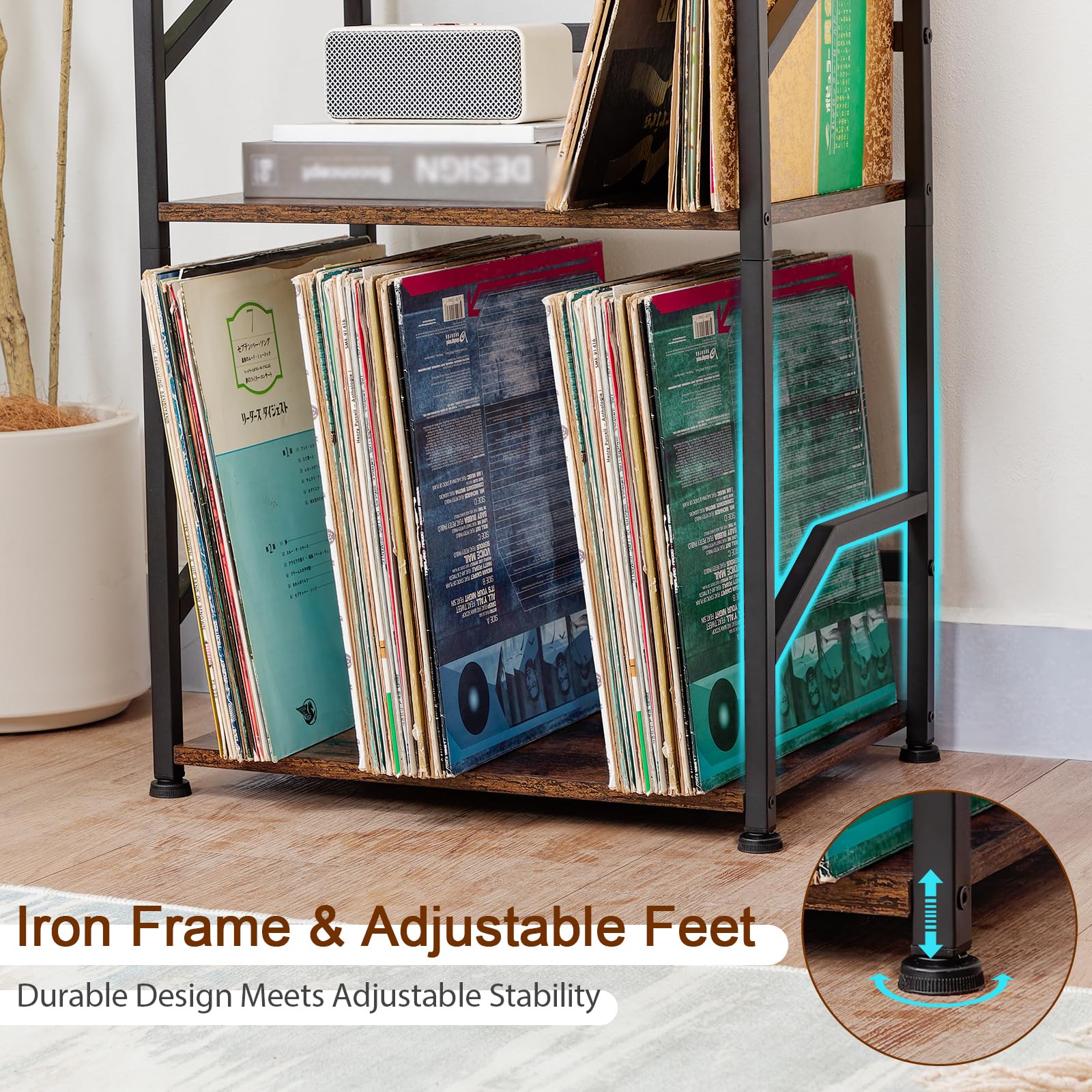 LOAKEKEL Record Player Stand, Vinyl Record Storage Up to 200 Albums, 3 Tier End Table with Removable Dividers, Tall Side Table for Living Room, Bedroom, Rustic Brown, HETCD010BR-1