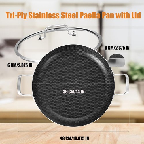 Inqibee 14-Inch Hybrid Tri-Ply Stainless Steel Paella Pan with Lid,Ceramic Non Stick Large Skillet,Induction Cooking Pan,Anti-Scratch,Dishwasher and Oven Safe