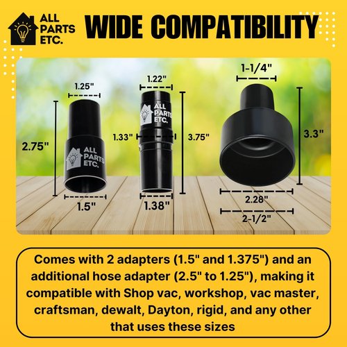 ALL PARTS ETC. 1.25" Flexible Flat Vacuum Crevice Tool/Under Side Refridgerators - 1.5" & 1.37" - 24" Long Hose Adaptor 2.5" to 1.25” Fits Wet Dry Vacuums - Shop Vac, Rigid, Workshop, Vac Master