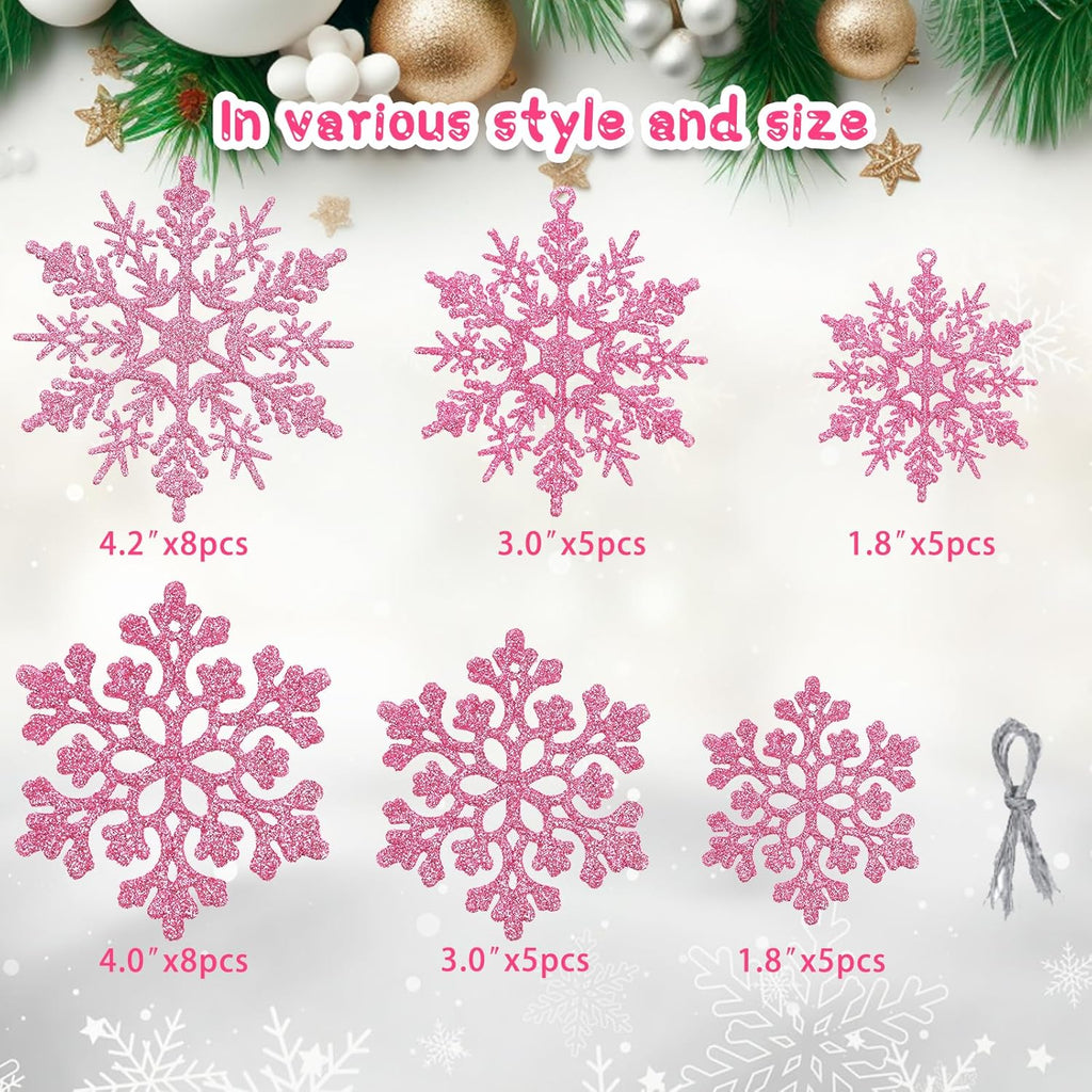 Skiennix 36-Piece Christmas Light Pink Snowflake Ornaments - Glittery Plastic Decorations for Winter Trees
