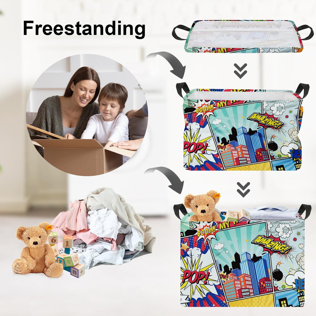 Clastyle 36L Rectangle Blue Comics Hero Kid Storage Basket Collapsible City Building Clothes Toy Nursery Bin Book Shelf Basket