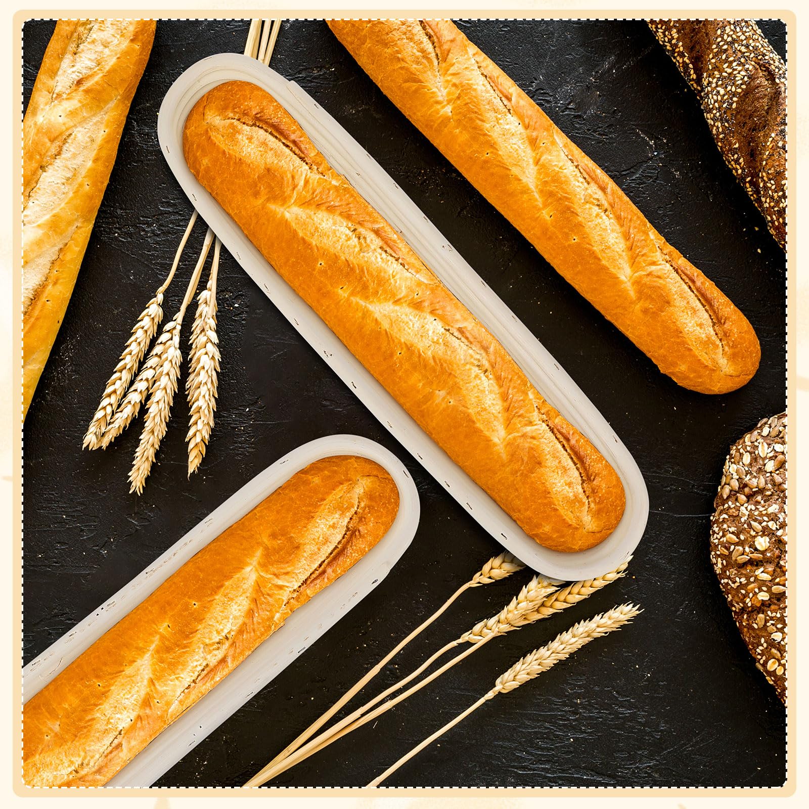 Vesici 15 Inches Baguette Banneton Proofing Basket 6 Pack with Linen Liner Baguette Banneton Bread Baking Baskets Rattan Dough Proofing Baskets for Baguette, Home Bake, Bakers Supplies, Baking Gifts