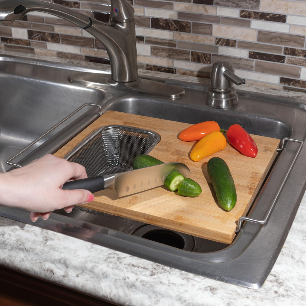Cutting Board with Strainer - 2 in 1 Adjustable Bamboo Chopping Board with Removable Stainless Steel Colander for Over the Sink by Classic Cuisine
