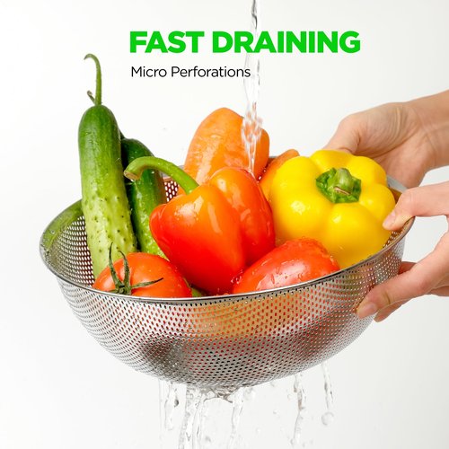 COMPORT K Premium 18/8 304 Stainless Steel Micro-Perforated Small and Big Colander Set of 4 with rings - 3.5-5.5-7.5-9.5 Quart Set, Self-Draining Solid Base for Pasta, Fruits, Vegetables