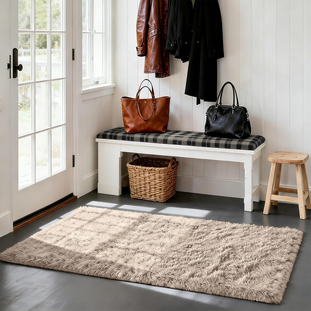 Fluffy Rug Shag Area Rug, Beige 3x5 Area Rugs for Bedroom, Small Bedside Rug, Soft Fluffy Shag Entryway Throw Rugs for Living Room Bedroom Kids Room Home Decor