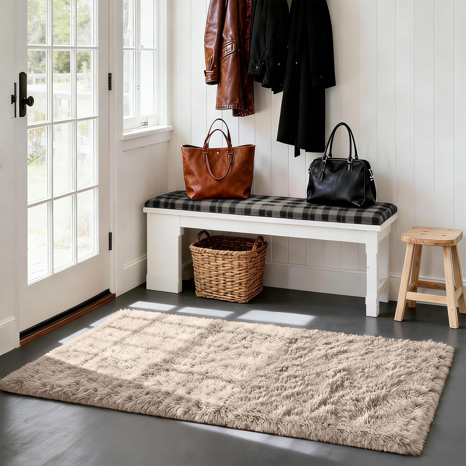 Fluffy Rug Shag Area Rug, Beige 3x5 Area Rugs for Bedroom, Small Bedside Rug, Soft Fluffy Shag Entryway Throw Rugs for Living Room Bedroom Kids Room Home Decor