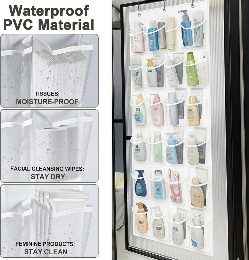 Over The Door Shoe Organizer - 24 Clear Pockets & Metal Hooks | Heavy Duty Space-Saving Storage (White)
