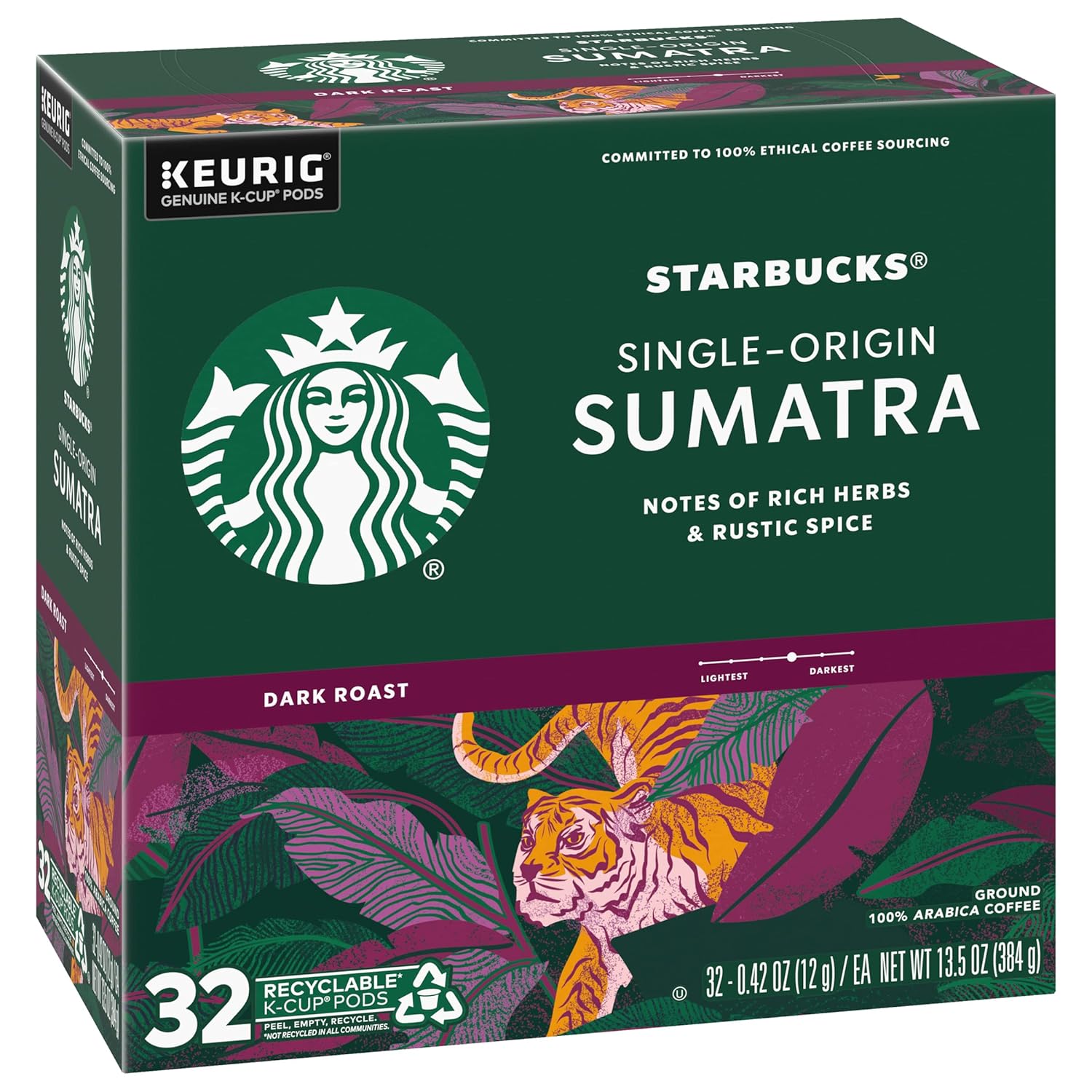 Starbucks K-Cup Pods - Sumatra Single-Origin Dark Roast Coffee | 32 Count (Pack of 4)