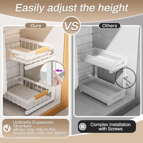 ADBIU Under Sink Organizer - 2 Pack Adjustable Height (11"-15.75") | 2-Tier Pull-Out Sliding Drawers, Heavy-Duty Metal, White