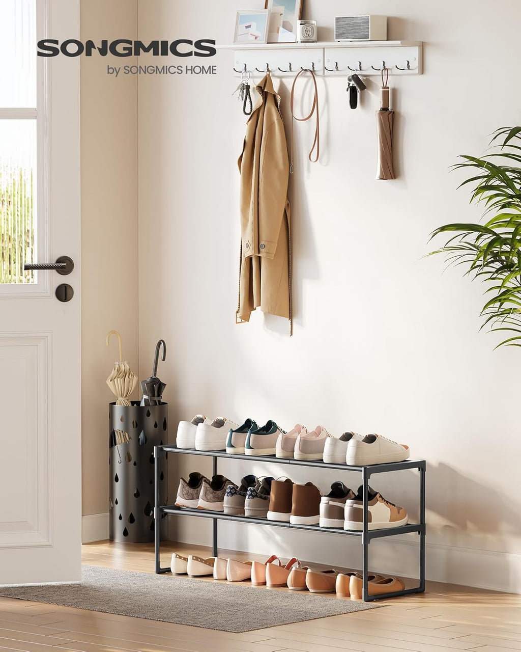 SONGMICS 2-Tier Shoe Rack - Stackable Metal Organizer for 12-15 Pairs | Black, 11.8 x 36.2 x 14.6 Inches