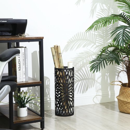 SONGMICS Umbrella Stand, Umbrella Holder for Entryway, Steel Round Umbrella Rack Freestanding, for Canes Walking Sticks, with a Detachable Drip Tray, 2 Long and 2 Short Hooks, Matte Black ULUC022B01