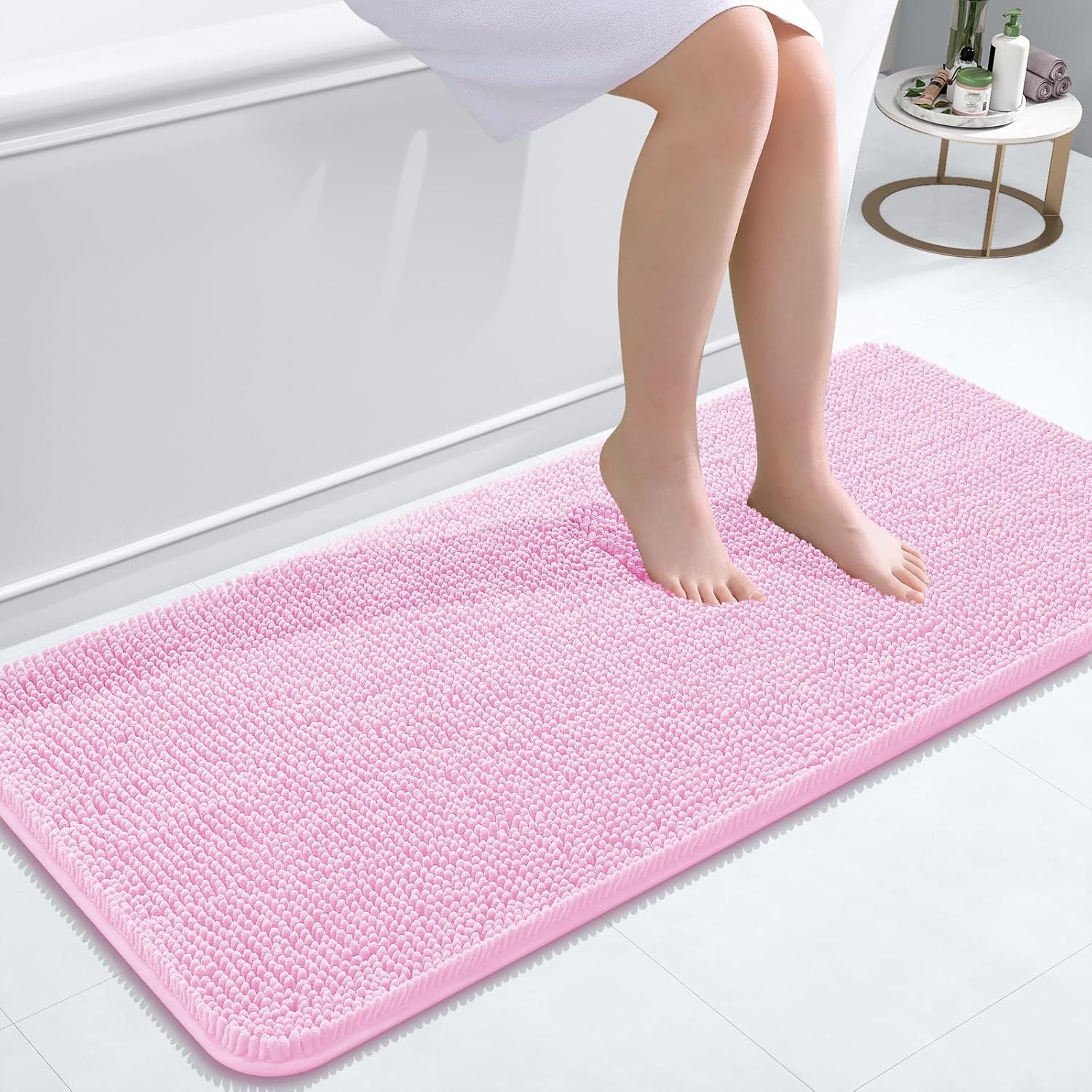 OLANLY Bathroom Runner Rugs - Extra Soft Chenille Bath Mats | Quick-Dry, Machine Washable, 47x20, Pink