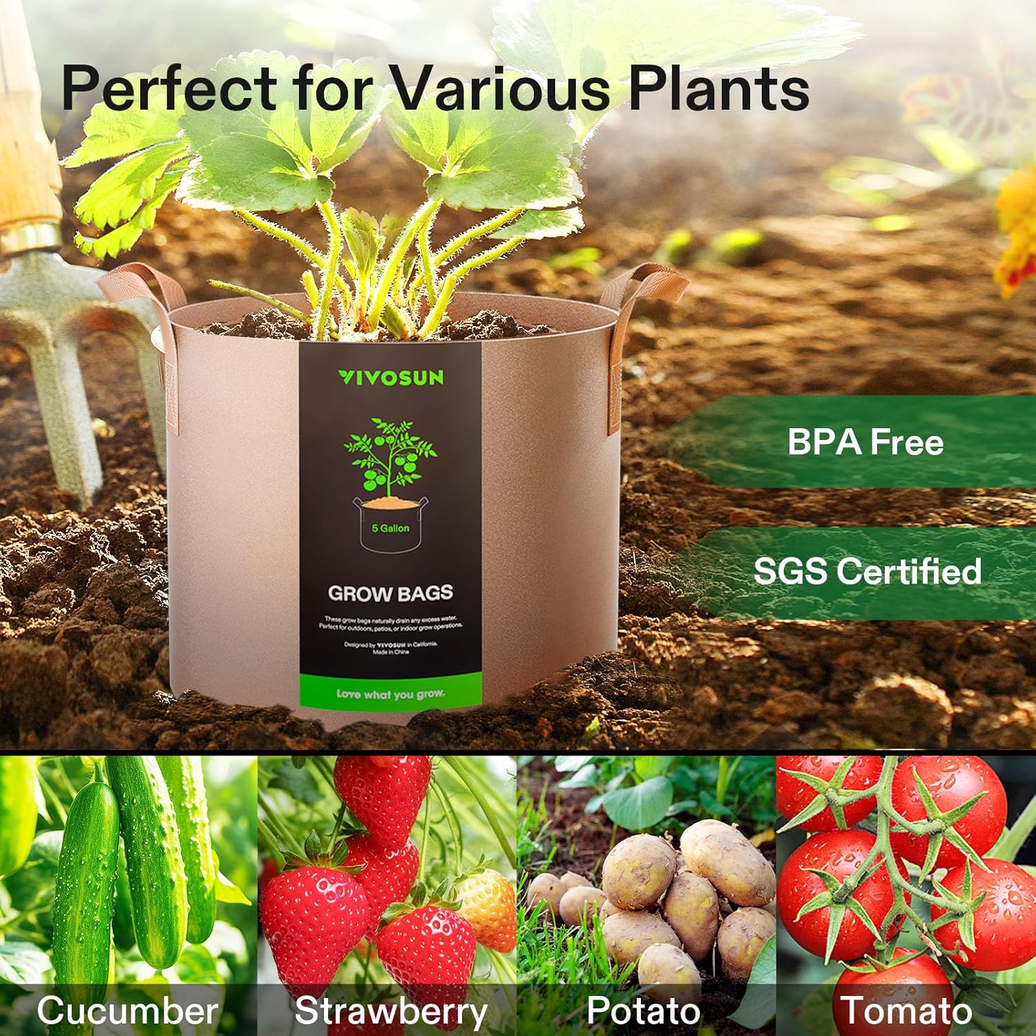 VIVOSUN 5-Pack Heavy-Duty 5 Gallon Grow Bags | Thickened Nonwoven Fabric with Strap Handles - Tan