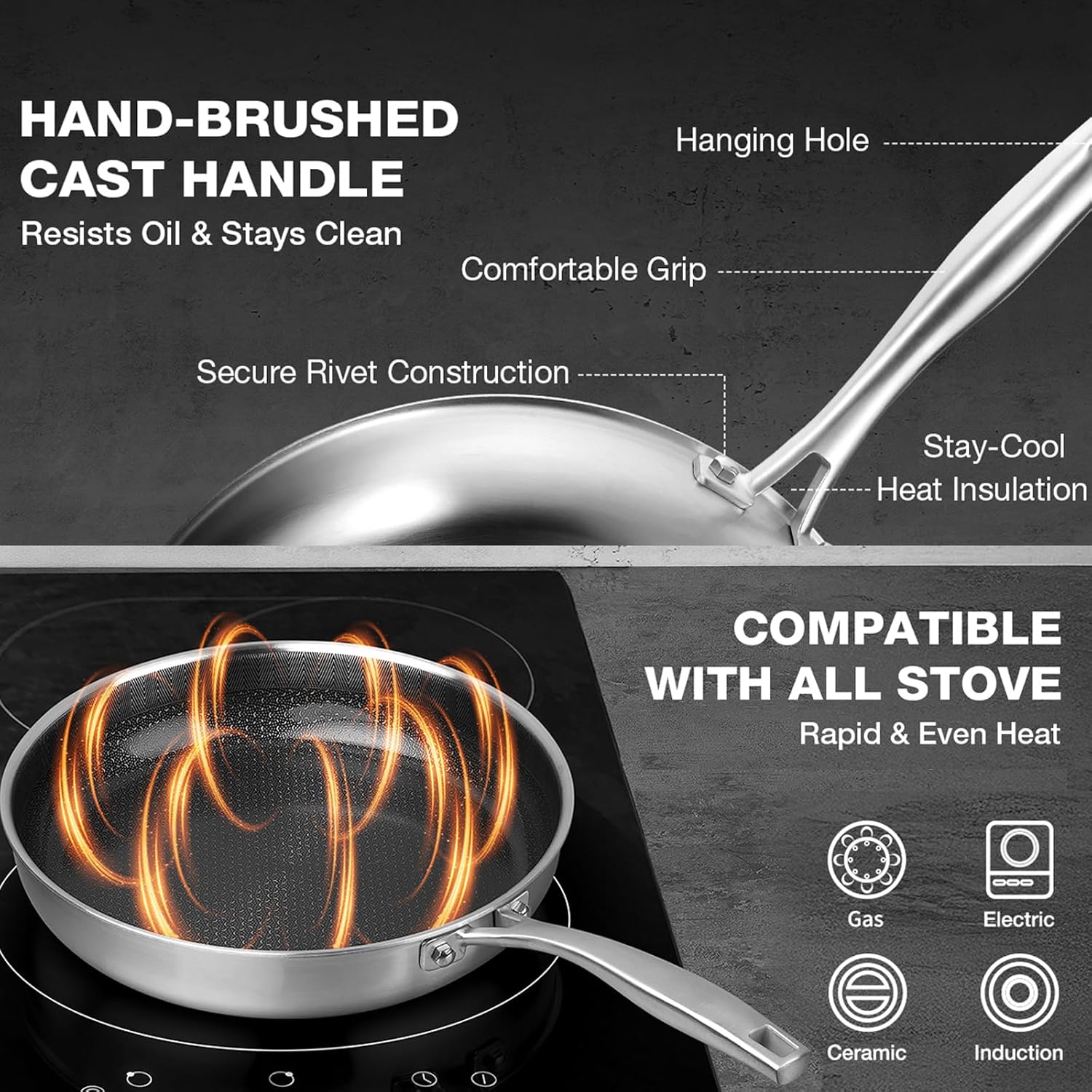 PekGema 10-Inch Hybrid Nonstick Frying Pan - 5-Ply Stainless Steel, PFAS-Free, Oven-Safe to 500°F