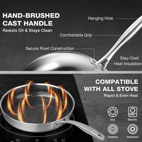 PekGema Hybird Nonstick Frying Pan with Lid 12 inch, Stainless Steel Skillet, Ceramic Non-stick Oven-Safe Chef Pan, Induction Ready, PFOA PFAS FREE Cookware