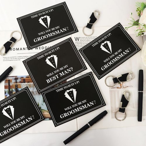 Set 4 Groomsmen Proposal Gifts - Groomsmen Gift Boxes with Leather Bag，Tuxedo Flask, Funnel，Shot Glasse，Poker Card Bottle Openers, Sunglasses, Pen，Bracelet, Card & Gift Bags for Wedding Party