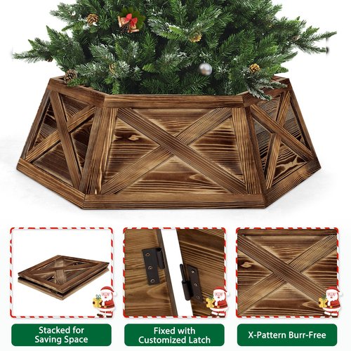 Yoochee Wooden Christmas Tree Collar, 36'' Extra Large Hexagon Brown Christmas Tree Base Cover Decor for Artificial Tree,Rustic Farmhouse Tree Skirt Alternative for 7.5ft 9ft Trees