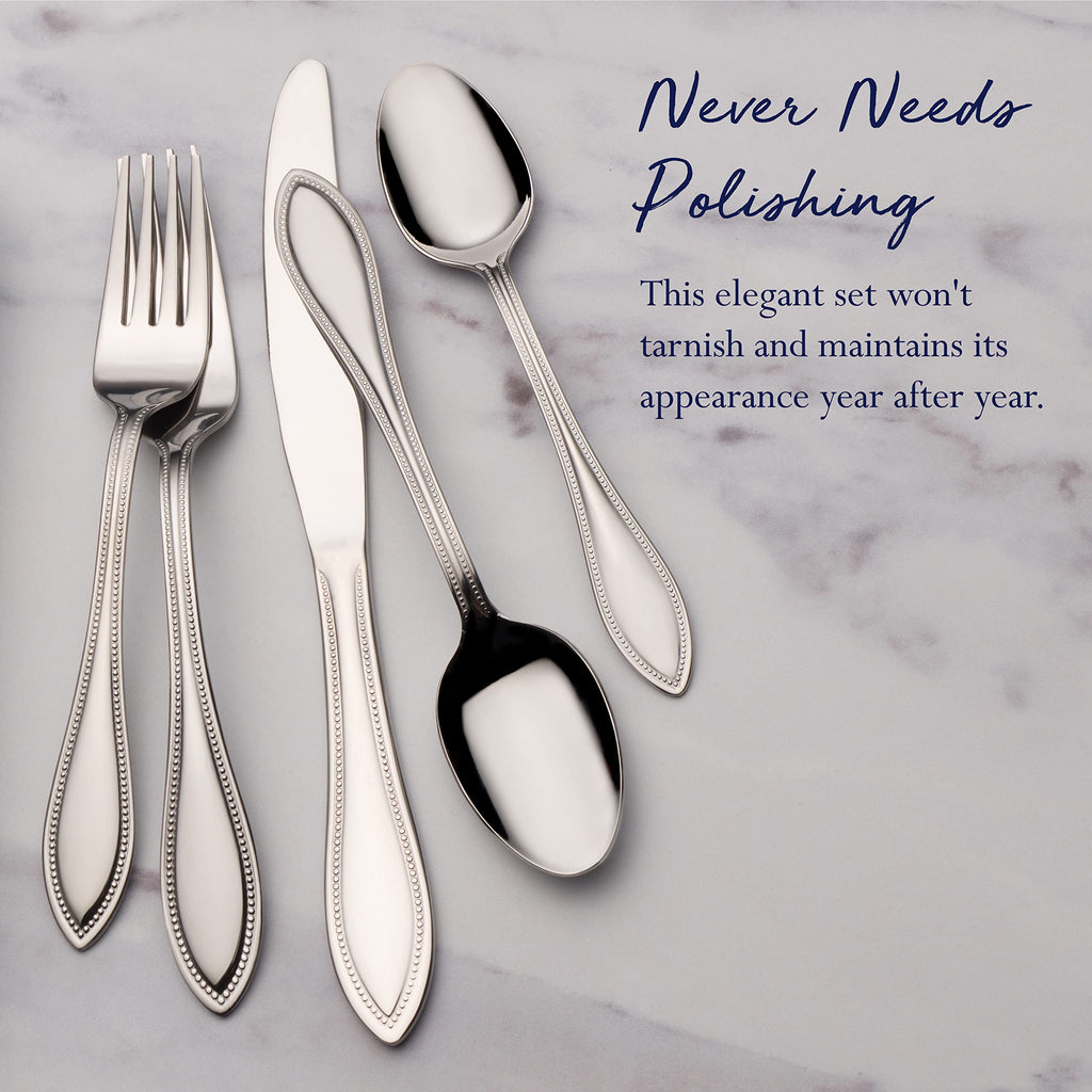 Pfaltzgraff American Bead 53-Piece Stainless Steel Flatware Set with Serving Utensil Set and Steak Knives, Service for 8,Silver