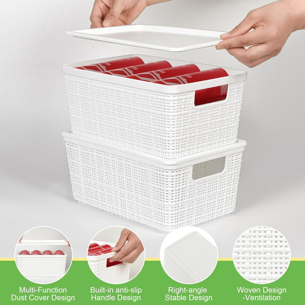 Plastic Storage Baskets by [Brand Name] - 6 Pack White Stackable Bins with Lids for Organizing Desktops & Closets