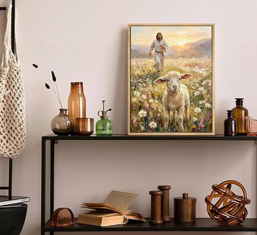 Framed Jesus and Lamb Canvas Wall Art - Inspiring Christian Decor for Bedroom or Prayer Room