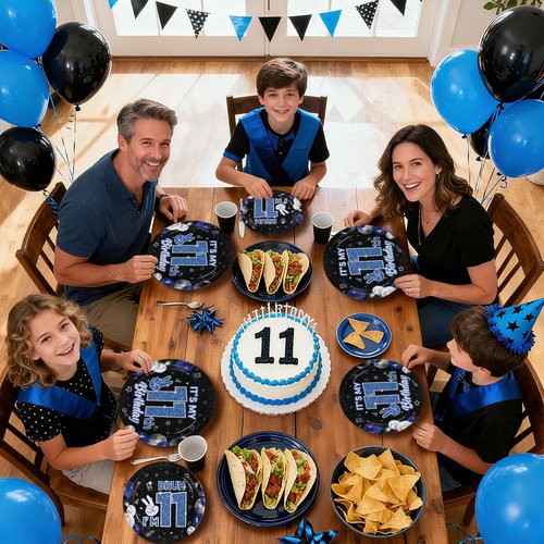 Greencian 96 Pcs 11th Birthday Decorations for Boys Blue and Black Plates and Napkins Disposable Glitter It's My 11th Birthday Party Supplies for Boys Kids Teenager 11 Years Old Party Decor，Serves 24