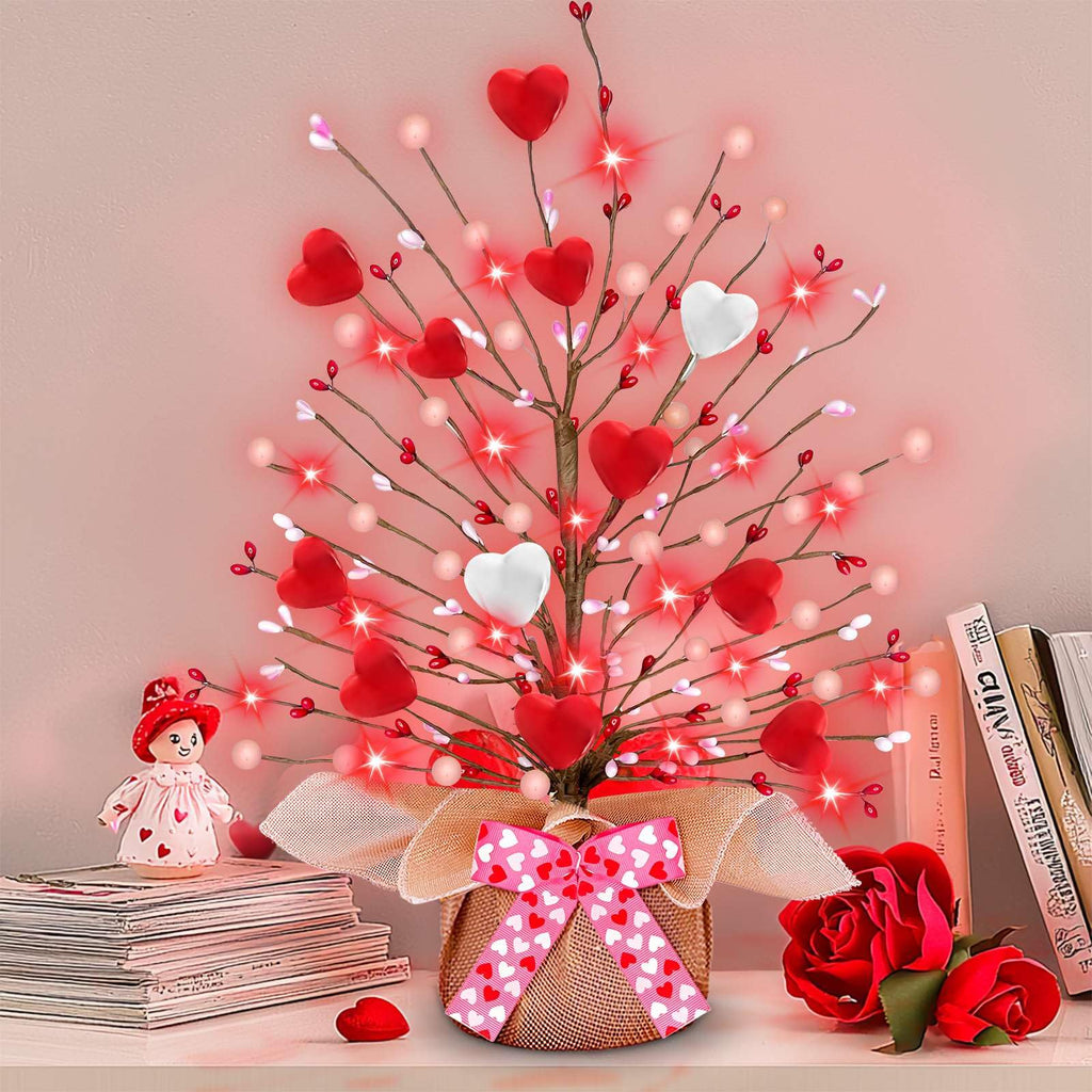 Valentines Day Decorations,Timer Lighted Valentine's Day Tree Tabletop with 20 Red Lights Battery Operated 16 Inch 12 Heart 48 Pink Berries Artificial Tree Valentine's Day Decor Home Party Wedding