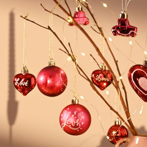 DecorbyHannah Valentines Day Ornaments Tree Decorations, 21ct Pink Red Heart Shaped Ornament Set for Tree, Valentine's Day Large Shatterproof Hanging Christmas Ball for Wedding Anniversary Party