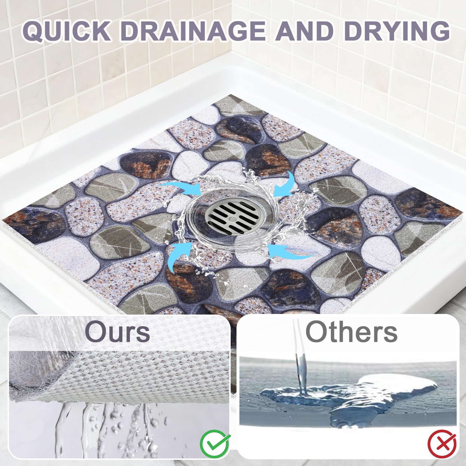 Square Shower Mat Non Slip: 32x32 Inch Extra Large Shower Mats with Drain Hole in Middle -Anti Slip Shower Mats for Inside Shower -Loofah Shower Floor Mat Bath Mat for Shower Stall Bathtub Elderly