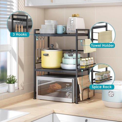 DOLALIKE Microwave Oven Rack - Expandable Countertop Storage with 6 Hooks | Durable Carbon Steel Design