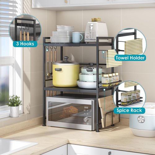 DOLALIKE Microwave Oven Rack, Expandable Microwave Stand Countertop Kitchen Utensils Tableware Storage, Carbon Steel Over Microwave Shelf Countertop with 6 Hooks