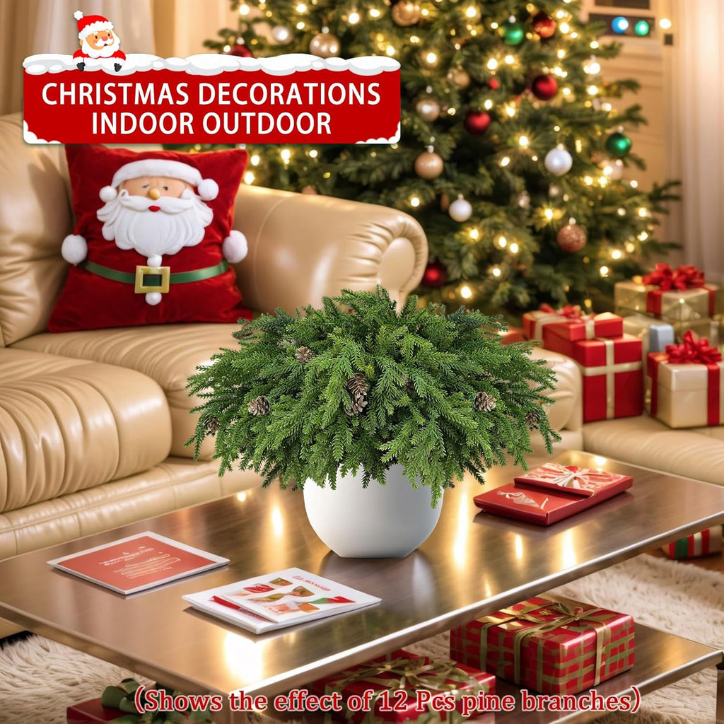 Skiennix Christmas Pine Stems - Realistic Artificial Greenery with Pinecones | 6 Pcs for Home Decor