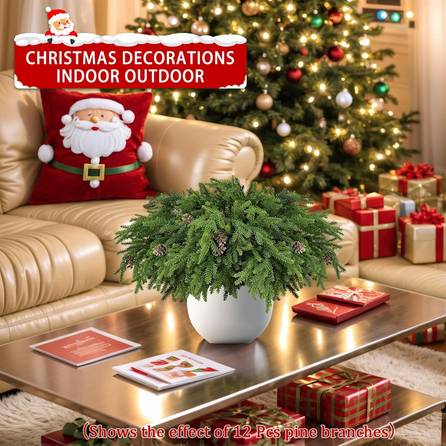 Skiennix Christmas Pine Stems - Realistic Artificial Greenery with Pinecones | 6 Pcs for Home Decor