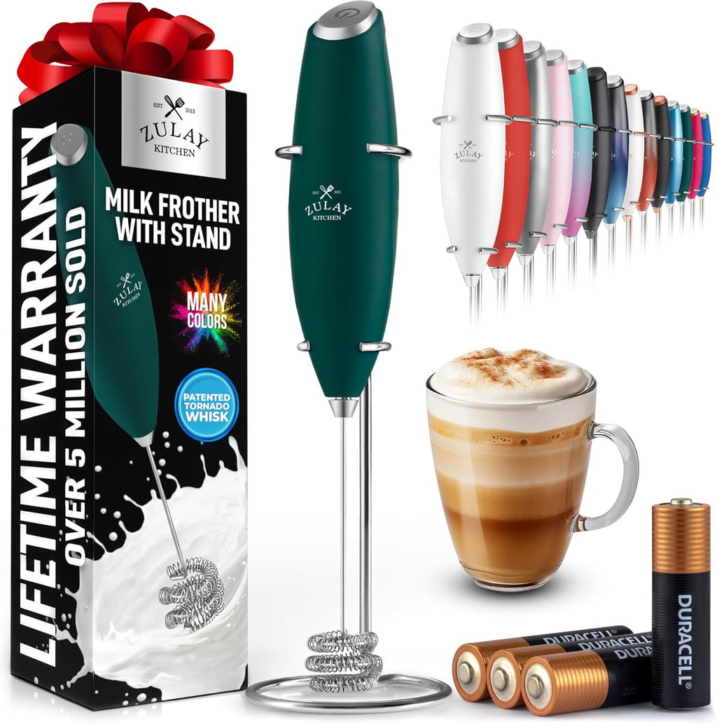 Zulay Kitchen Tornado Triple Whisk Milk Frother - Handheld Foam Maker for Coffee & Lattes - Dark Green