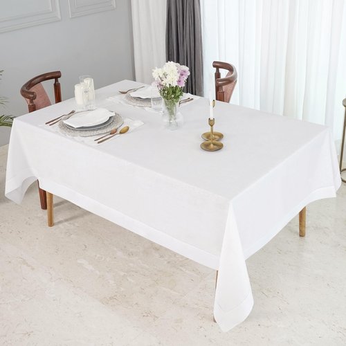 D'Moksha Homes White Linen Tablecloth for Rectangle Tables 60 x 102 Inch - Classic Hemstitch 100% Pure Linen White Table Cloth - Machine Washable Dining Tablecloth for Mothers Day, Spring, Easter