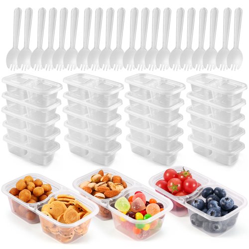 WEST STORY 20 Set Snack Containers with Lids & Spoons, Reusable Double Compartment Condiment Containers for Lunches Picnics Parties, BPA-Free, Microwave Safe, Transparent