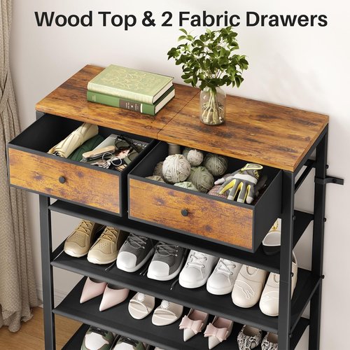 Kitstorack Shoe Rack - 4-Tier Organizer for 9-12 Pairs with 2 Drawers & Rustic Brown Wooden Top