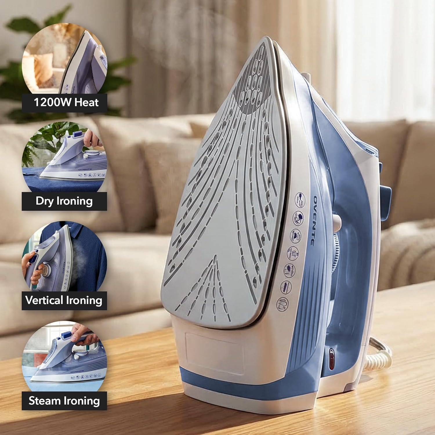 OVENTE Steam Iron - 1200W Non-Stick Ceramic Soleplate, Auto Shutoff & Self-Cleaning, Blue | 11.83oz Water Tank
