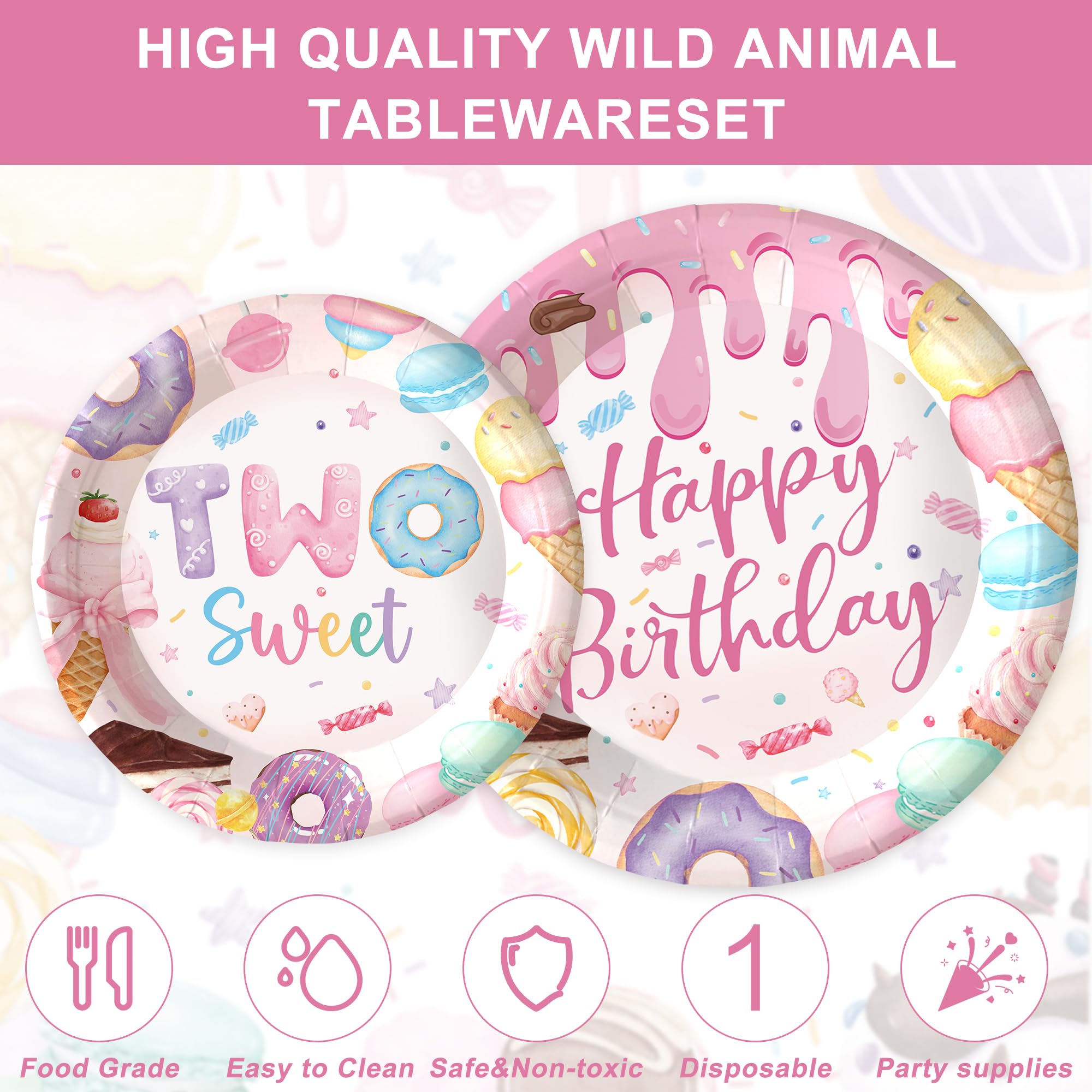 120PCS Two Sweet Birthday Party Supplies Two Sweet Donut Ice Cream Decorations for Baby Girl 2nd Second Birthday Tableware Set Plates Napkins Cups Set for 20 Guests